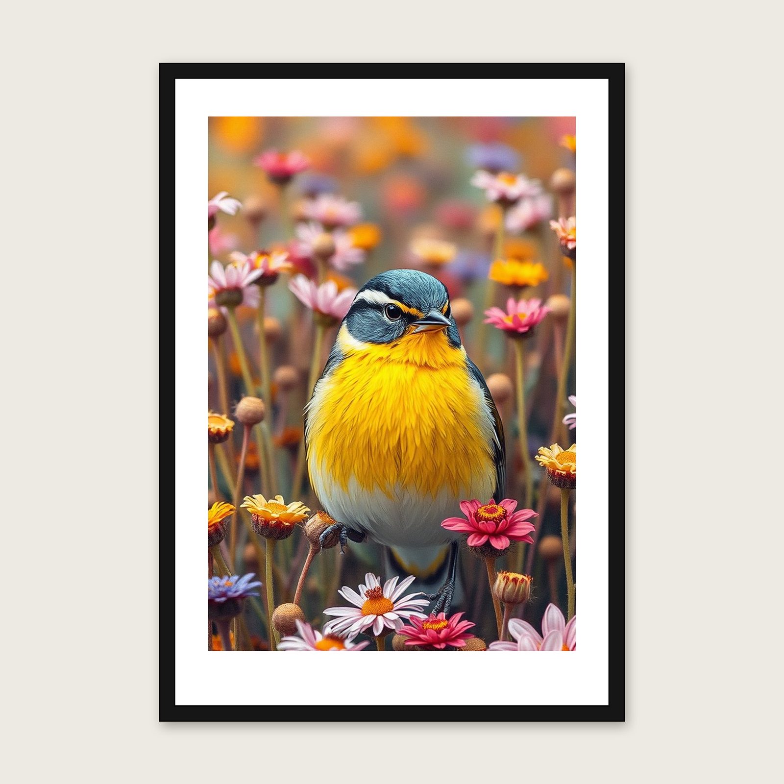 Yellow Wagtail - Framed Palette Knife Animal Print in Colourful shown in a black frame