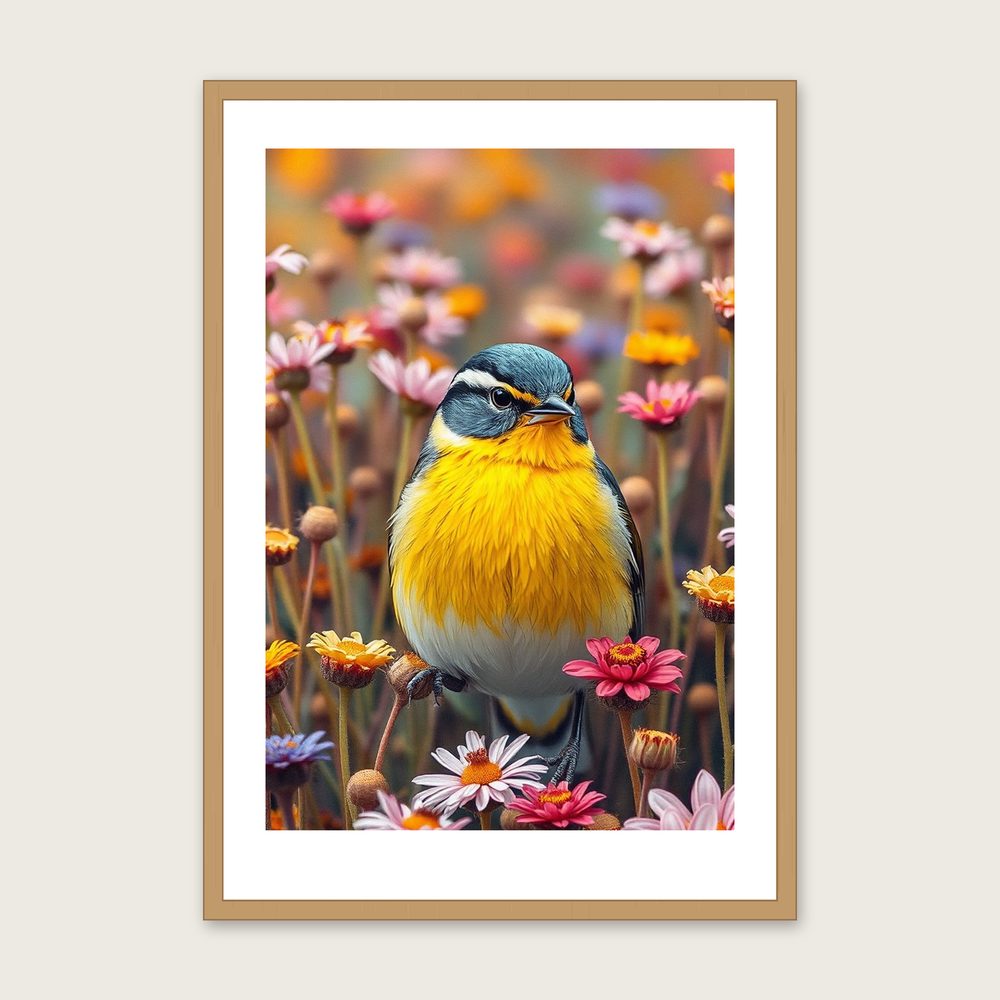 Yellow Wagtail - Framed Palette Knife Animal Print in Colourful - Oak Frame, A3