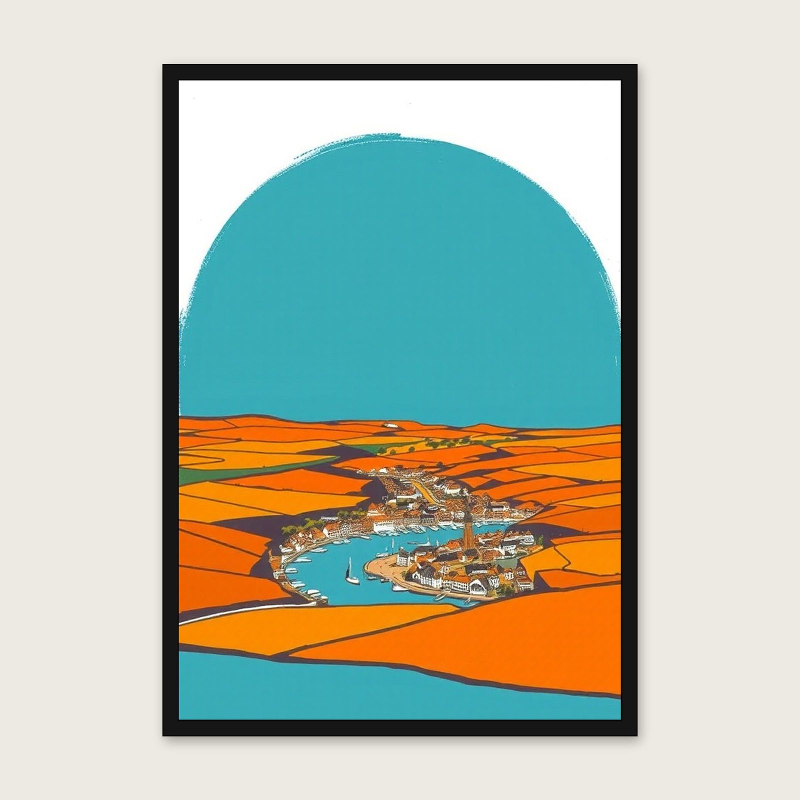 Looe Landscape Wall Art - Framed Bold Colour Gouache Print shown in a black frame