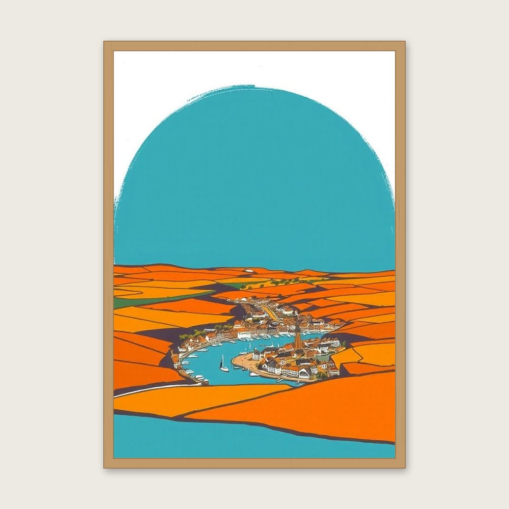 Looe Landscape Wall Art - Framed Bold Colour Gouache Print in a oak frame