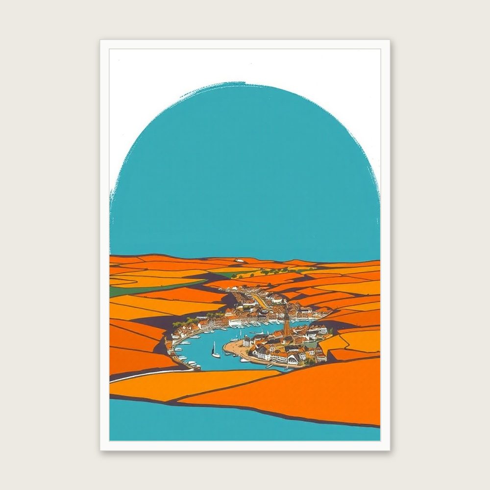 Looe Landscape Wall Art - Framed Bold Colour Gouache Print in a white frame