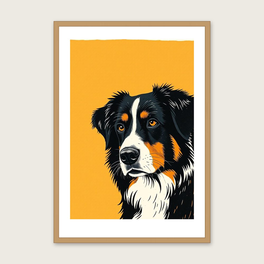 Bernese Mountain Dog - Framed Linocut Animal Print in Two Tone - Oak Frame, A3