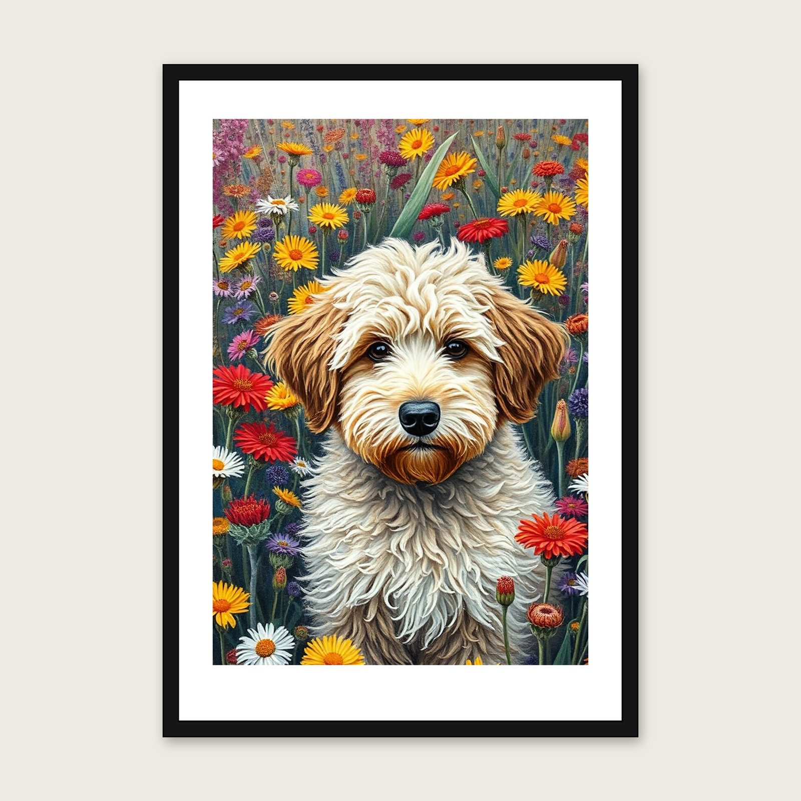 Framed Impasto Print of Labradoodle - Colourful Animal Wall Art shown in a black frame