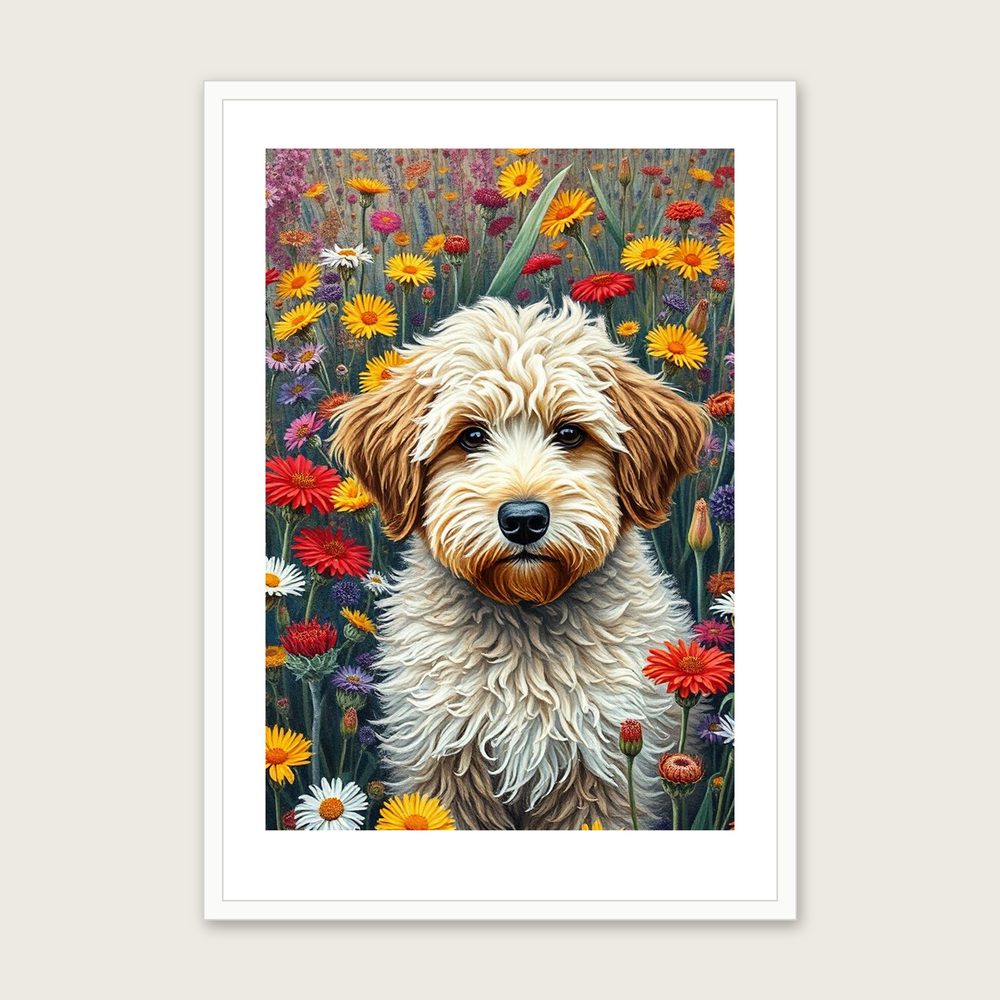 Framed Impasto Print of Labradoodle - Colourful Animal Wall Art in a white frame