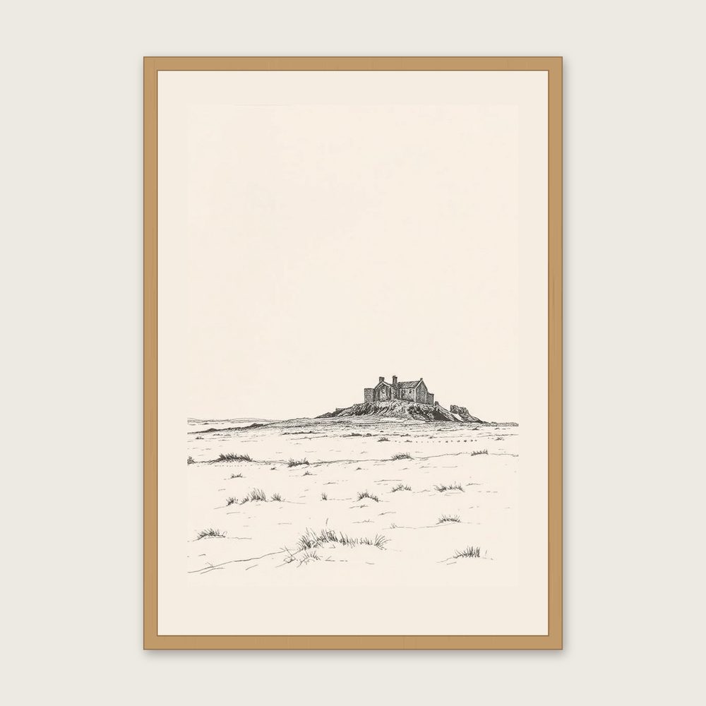 St Abbs - Framed Charcoal Landscape Print in Black & White - Oak Frame, A3