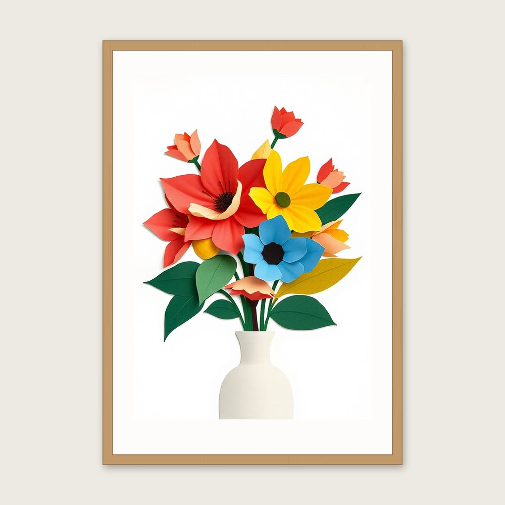Lavatera Flower Collage Wall Art - Framed Colourful Print in a oak frame