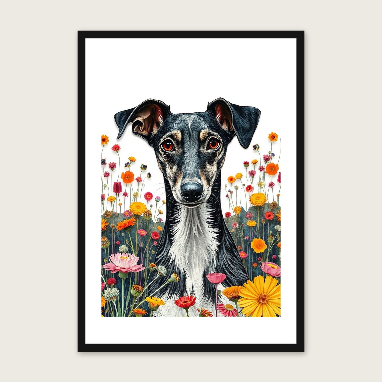 Whippet Long Haired Collage Wall Art - Framed Colourful Print shown in a black frame