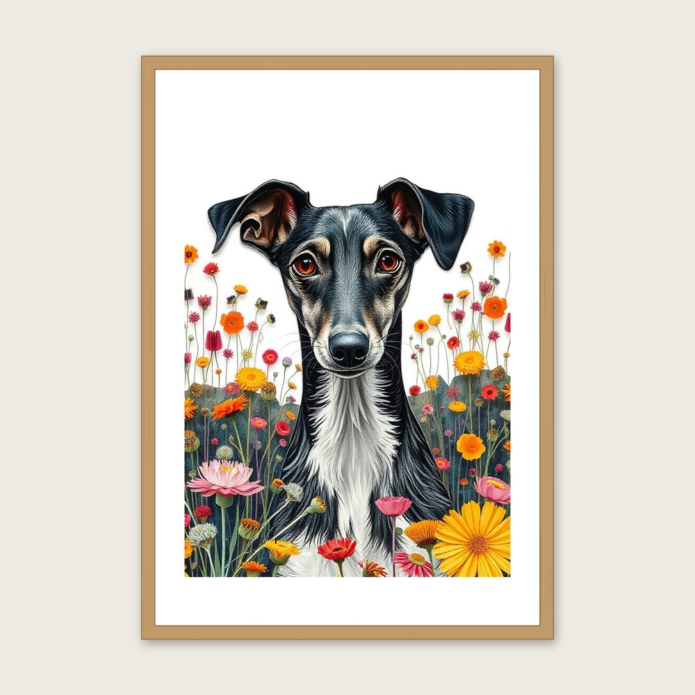 Whippet Long Haired Collage Wall Art - Framed Colourful Print - Oak Frame, A3