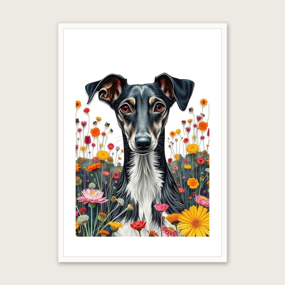 Whippet Long Haired Collage Wall Art - Framed Colourful Print - White Frame, A3