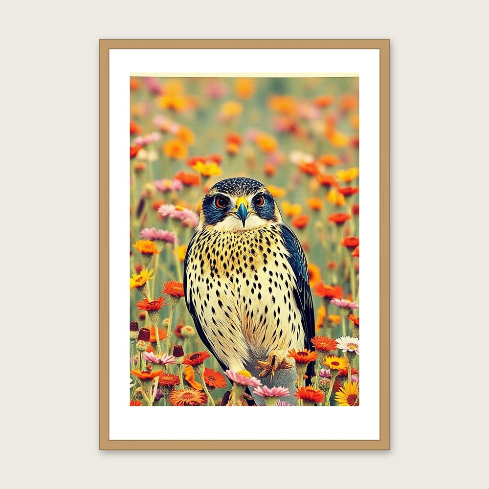 Sparrowhawk Riso Print - Framed Colourful Animal Wall Art - Oak Frame, A3