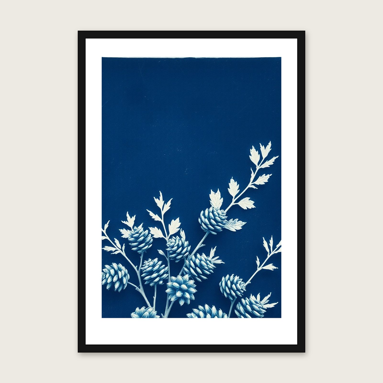 Alder Cones Cyanotype Wall Art - Framed Two Tone Print shown in a black frame