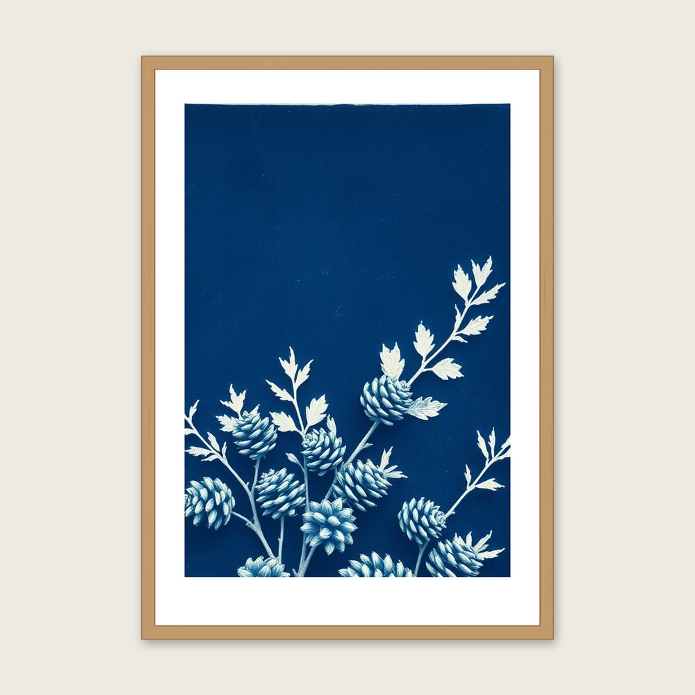 Alder Cones Cyanotype Wall Art - Framed Two Tone Print - Oak Frame, A3