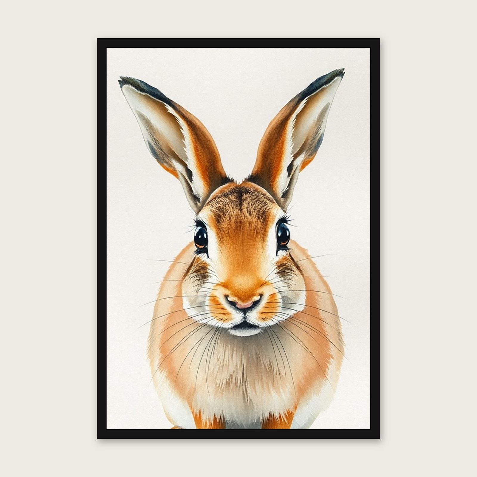 Brown Hare Watercolour Print - Framed Two Tone Animal Wall Art shown in a black frame