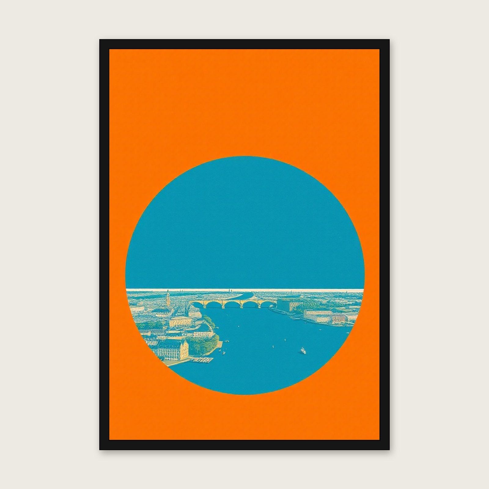 The River Ouse at York - Framed Riso Print Landscape Print in Bold Colour shown in a black frame