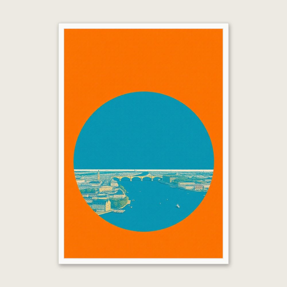 The River Ouse at York - Framed Riso Print Landscape Print in Bold Colour in a white frame