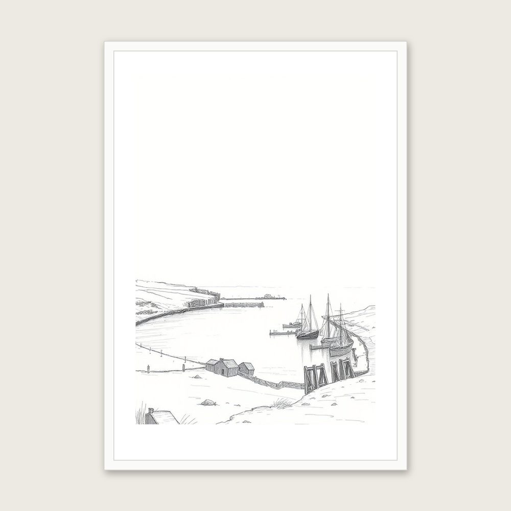 Crail Harbour - Framed Pencil Sketch Landscape Print in Neutral & Beige - White Frame, A3