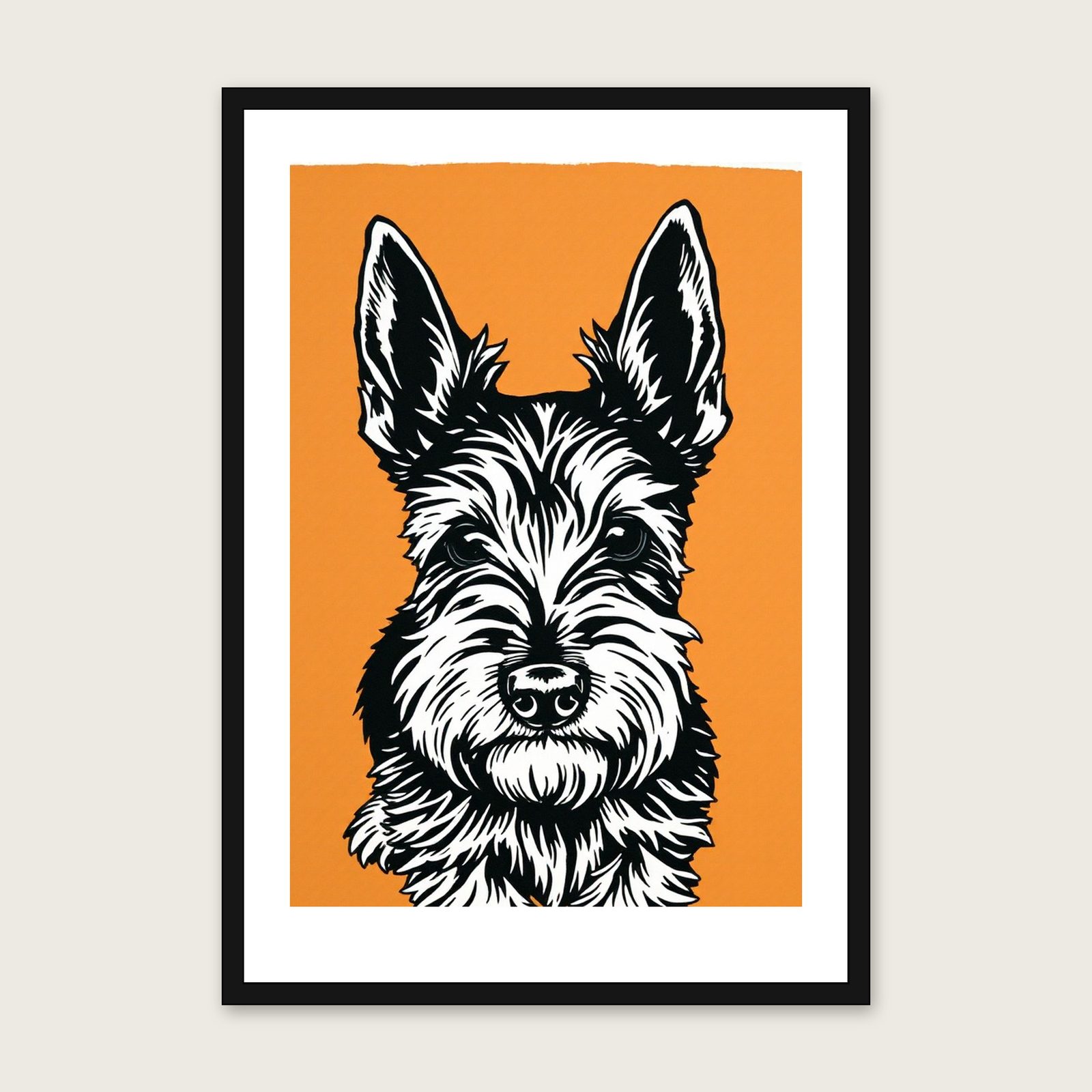 Scottish Terrier Linocut Wall Art - Framed Two Tone Print shown in a black frame