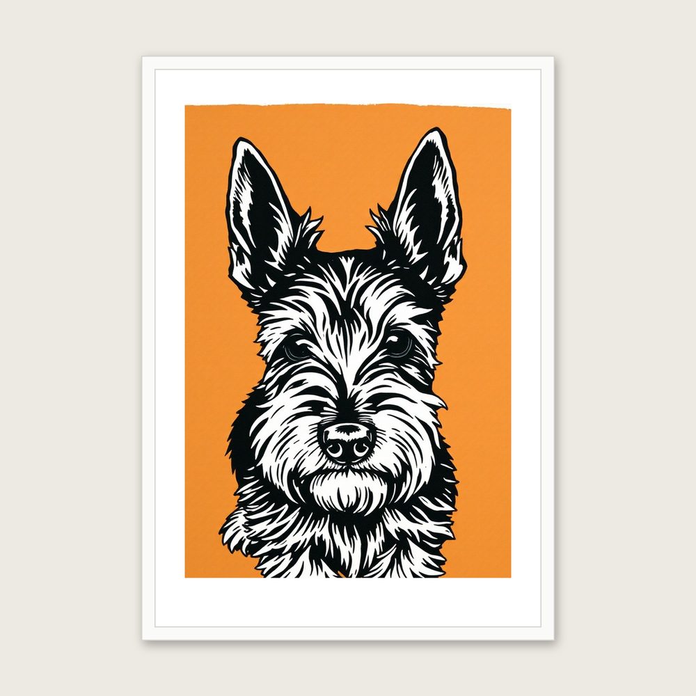 Scottish Terrier Linocut Wall Art - Framed Two Tone Print - White Frame, A3