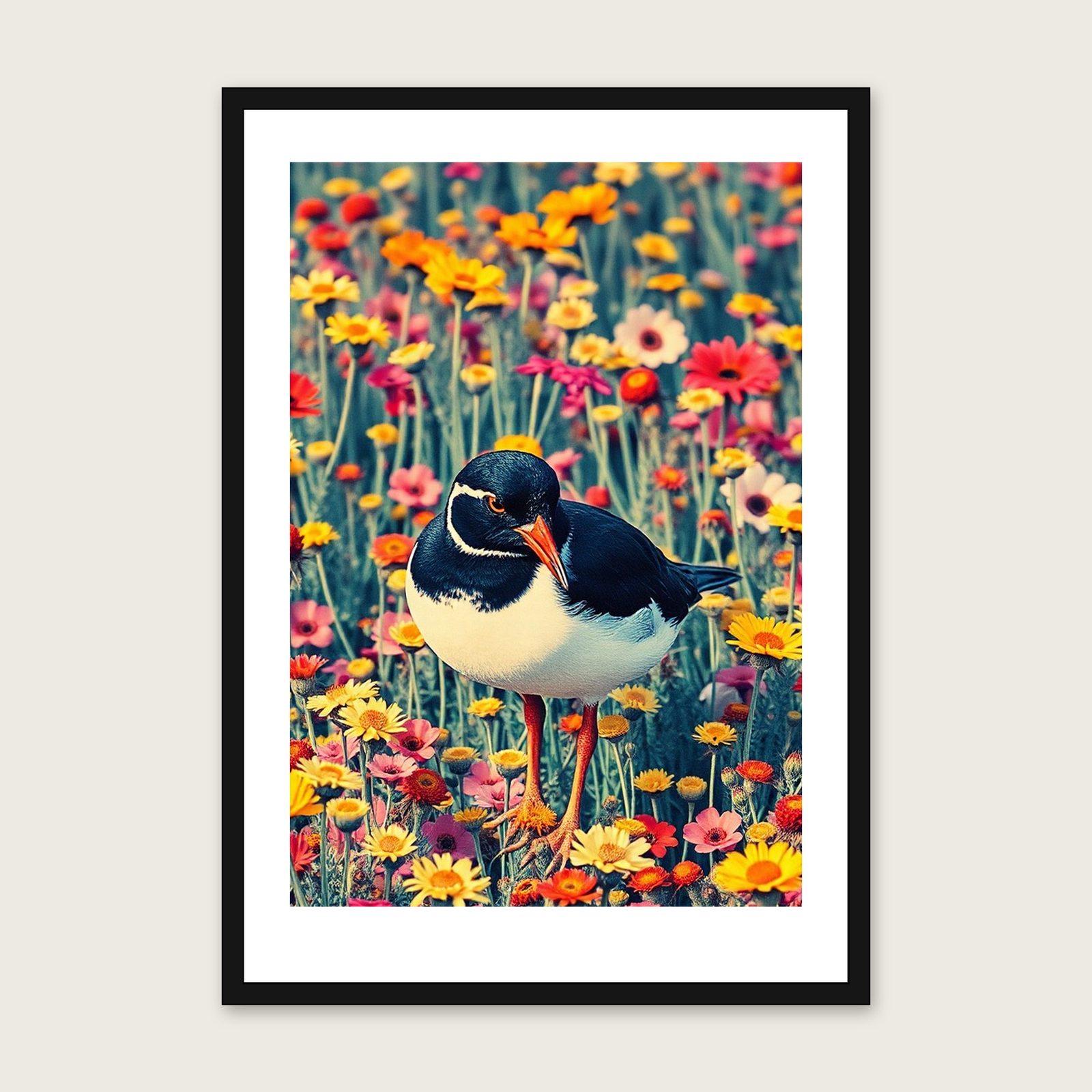 Turnstone Riso Print Wall Art - Framed Colourful Print shown in a black frame