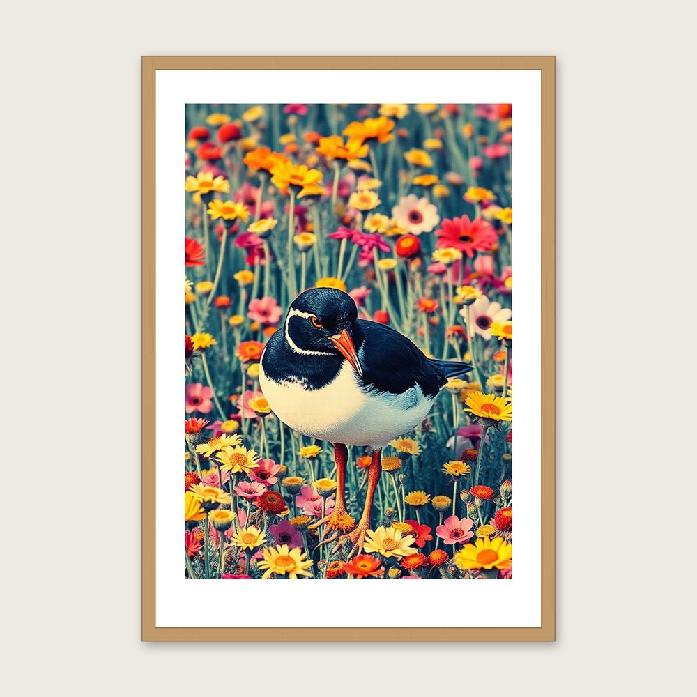 Turnstone Riso Print Wall Art - Framed Colourful Print - Oak Frame, A3