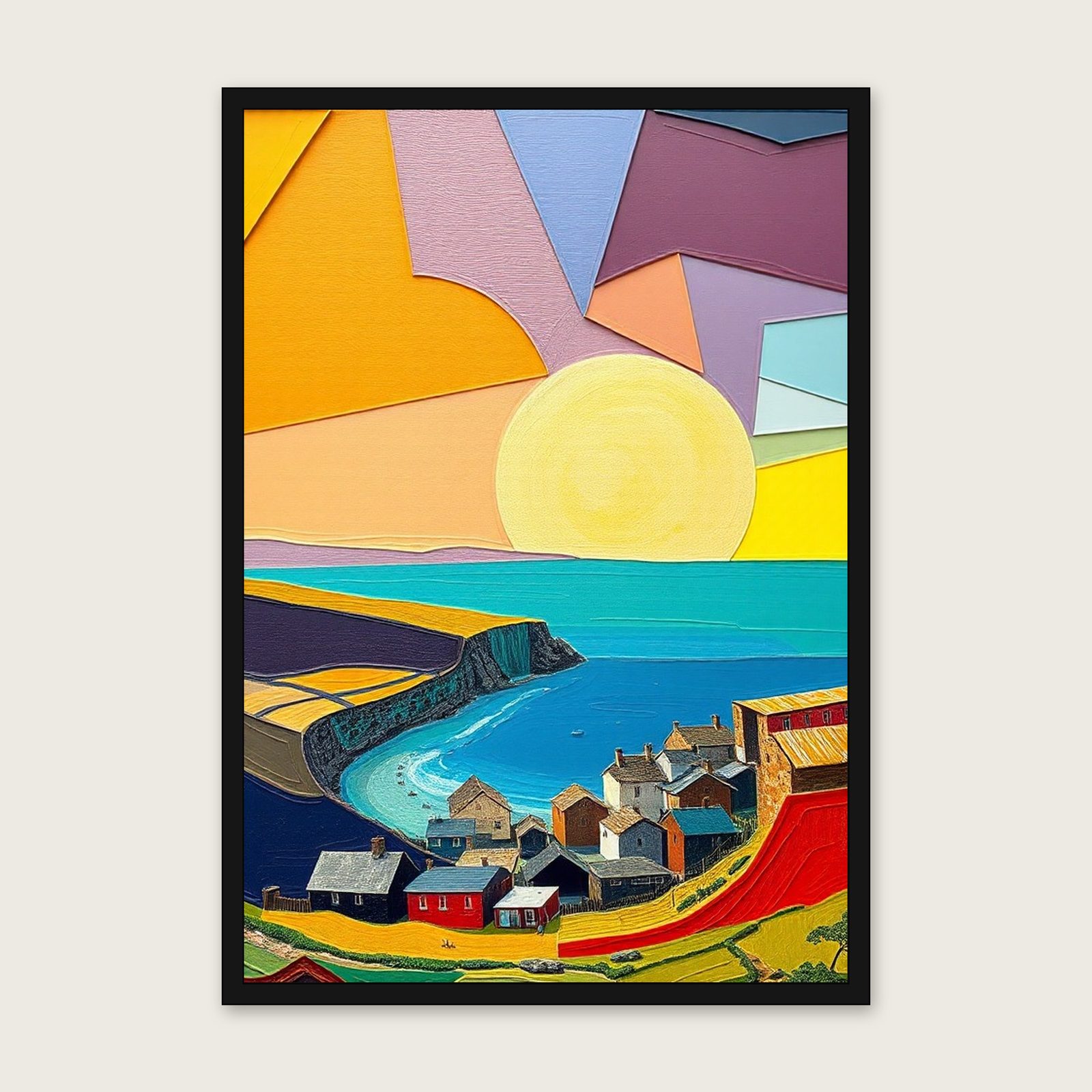 Staithes Palette Knife Print - Framed Colourful Landscape Wall Art shown in a black frame