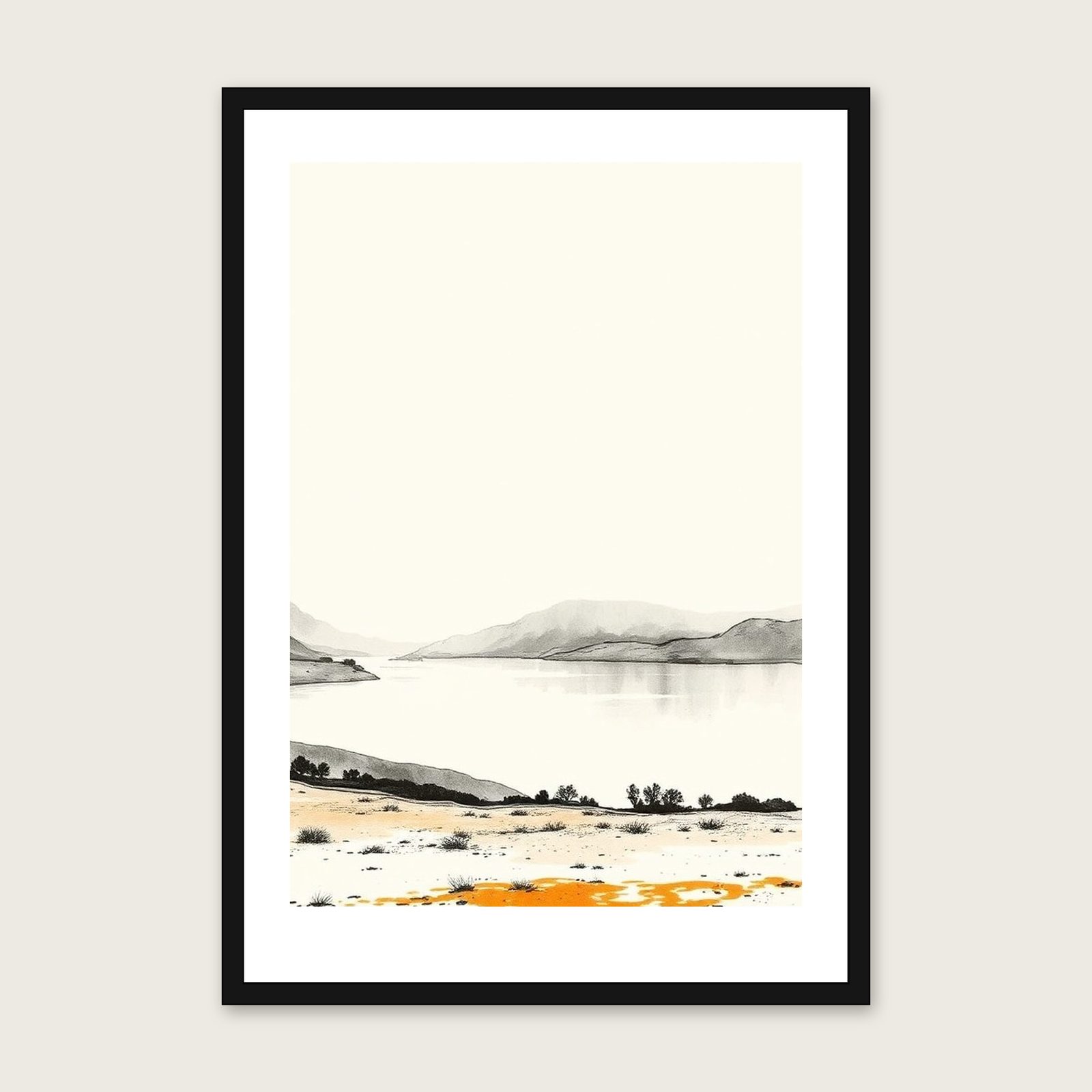 Framed Ink Wash Print of Ullswater - Neutral & Beige Landscape Wall Art shown in a black frame