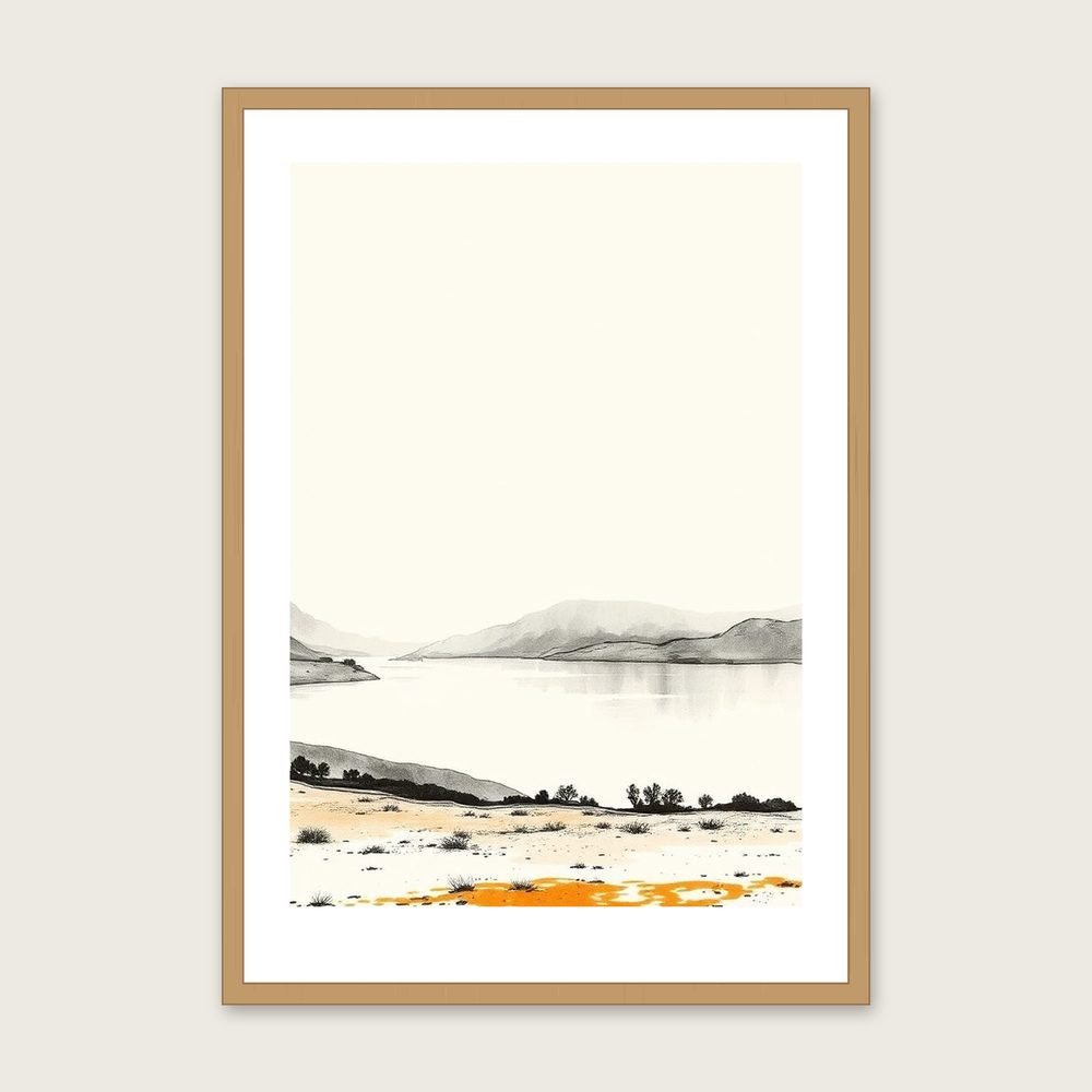 Framed Ink Wash Print of Ullswater - Neutral & Beige Landscape Wall Art - Oak Frame, A3