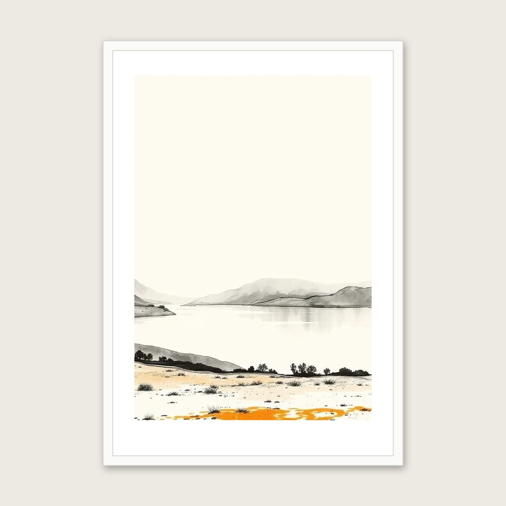 Framed Ink Wash Print of Ullswater - Neutral & Beige Landscape Wall Art - White Frame, A3
