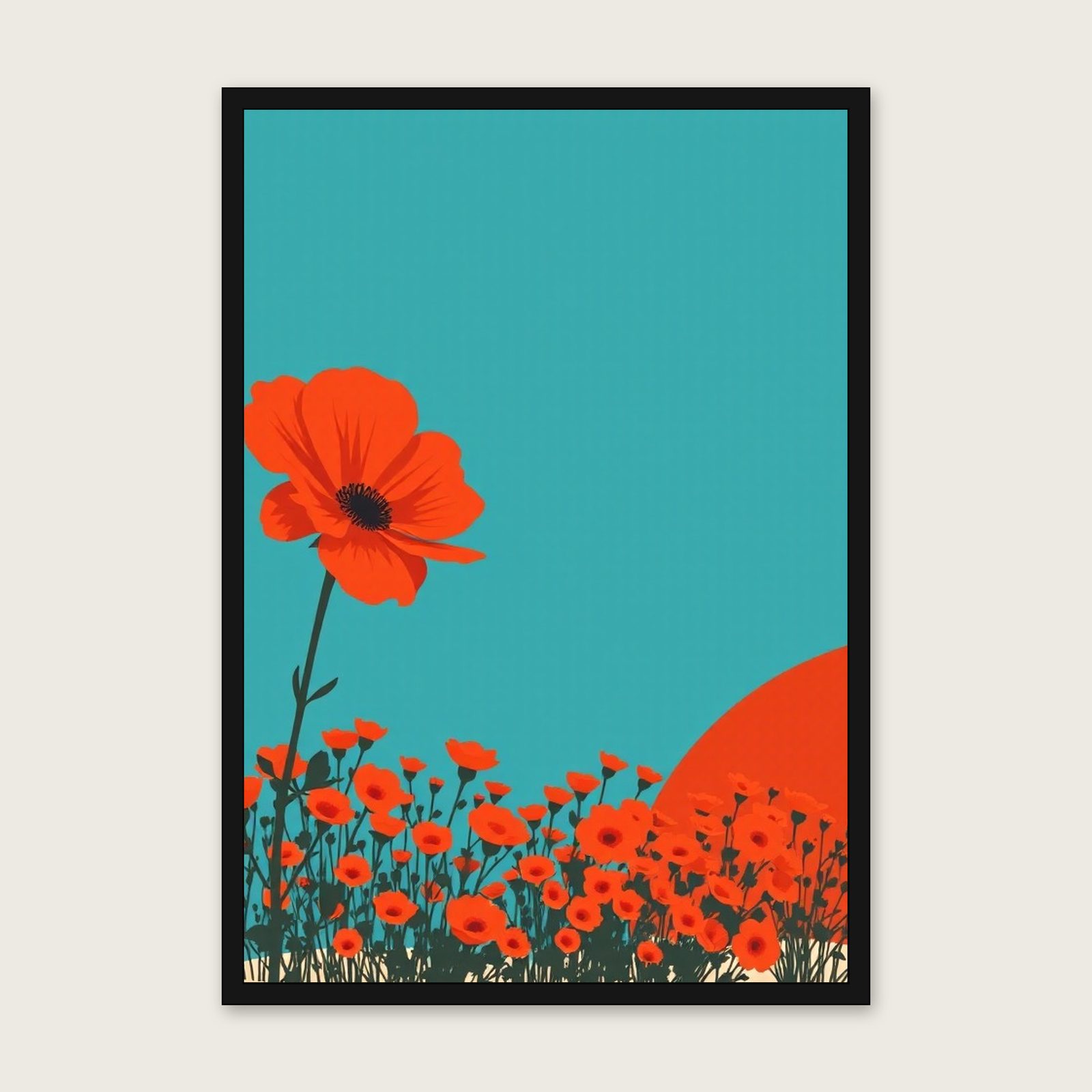 Dog Rose Screen Print Wall Art - Framed Bold Colour Print shown in a black frame