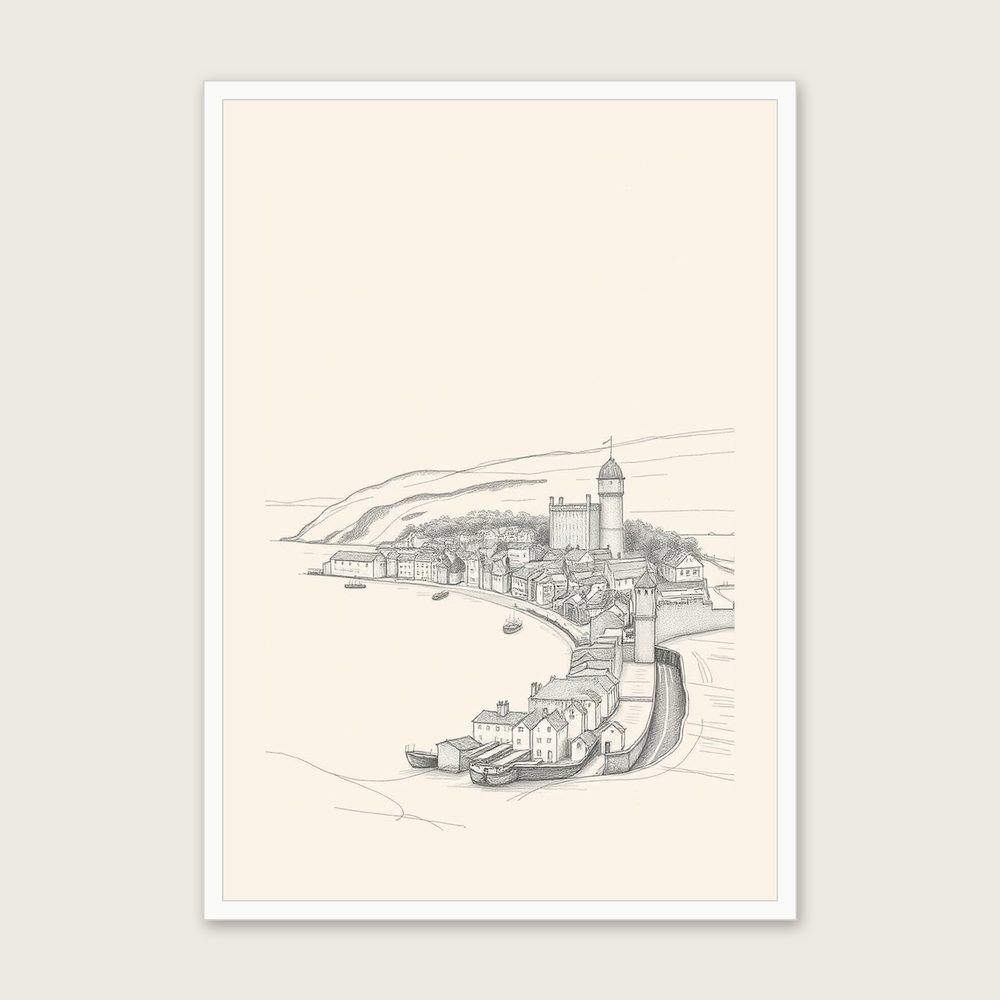 Framed Pencil Sketch Print of Robin Hood's Bay - Neutral & Beige Landscape Wall Art in a white frame