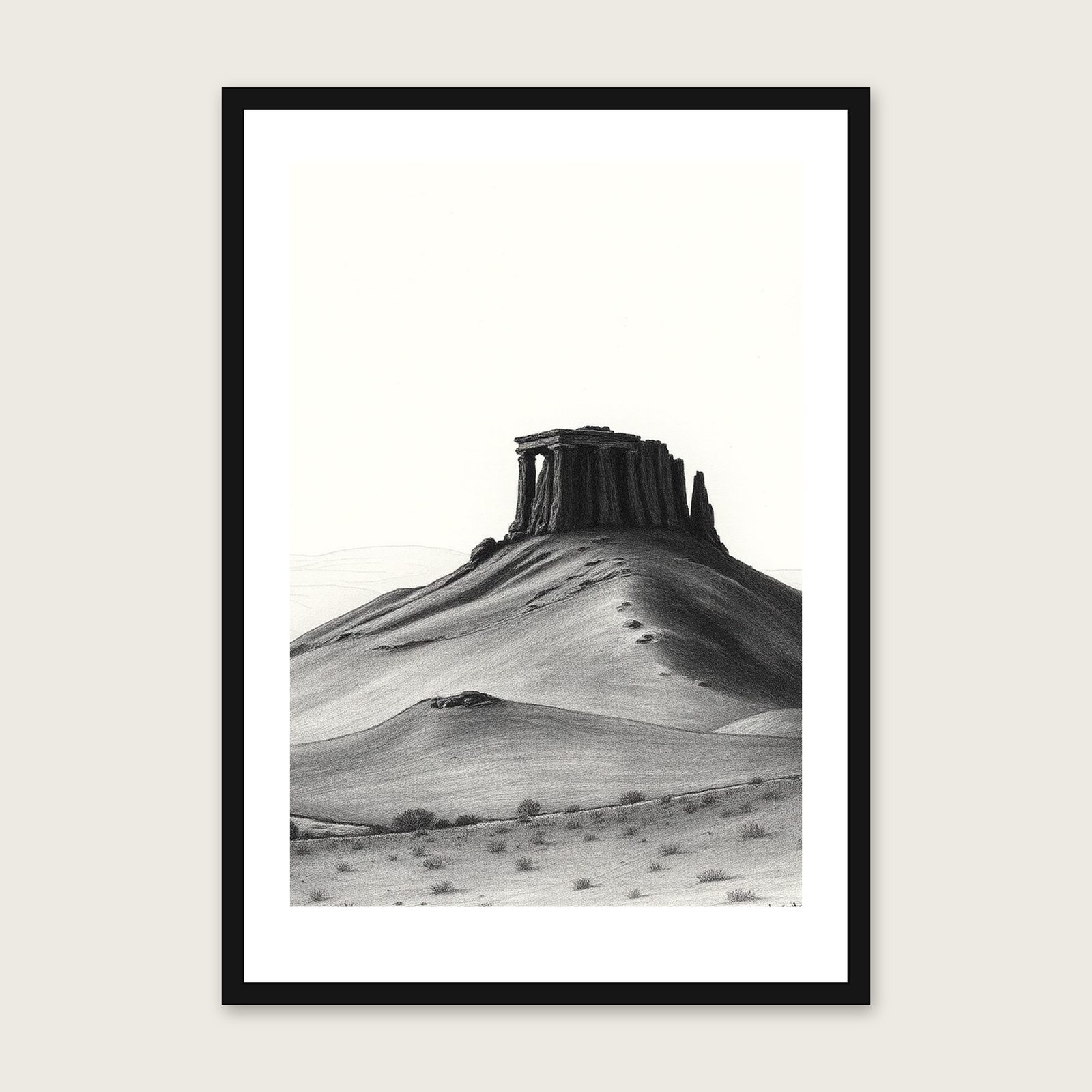 Haytor - Framed Charcoal Landscape Print in Black & White shown in a black frame