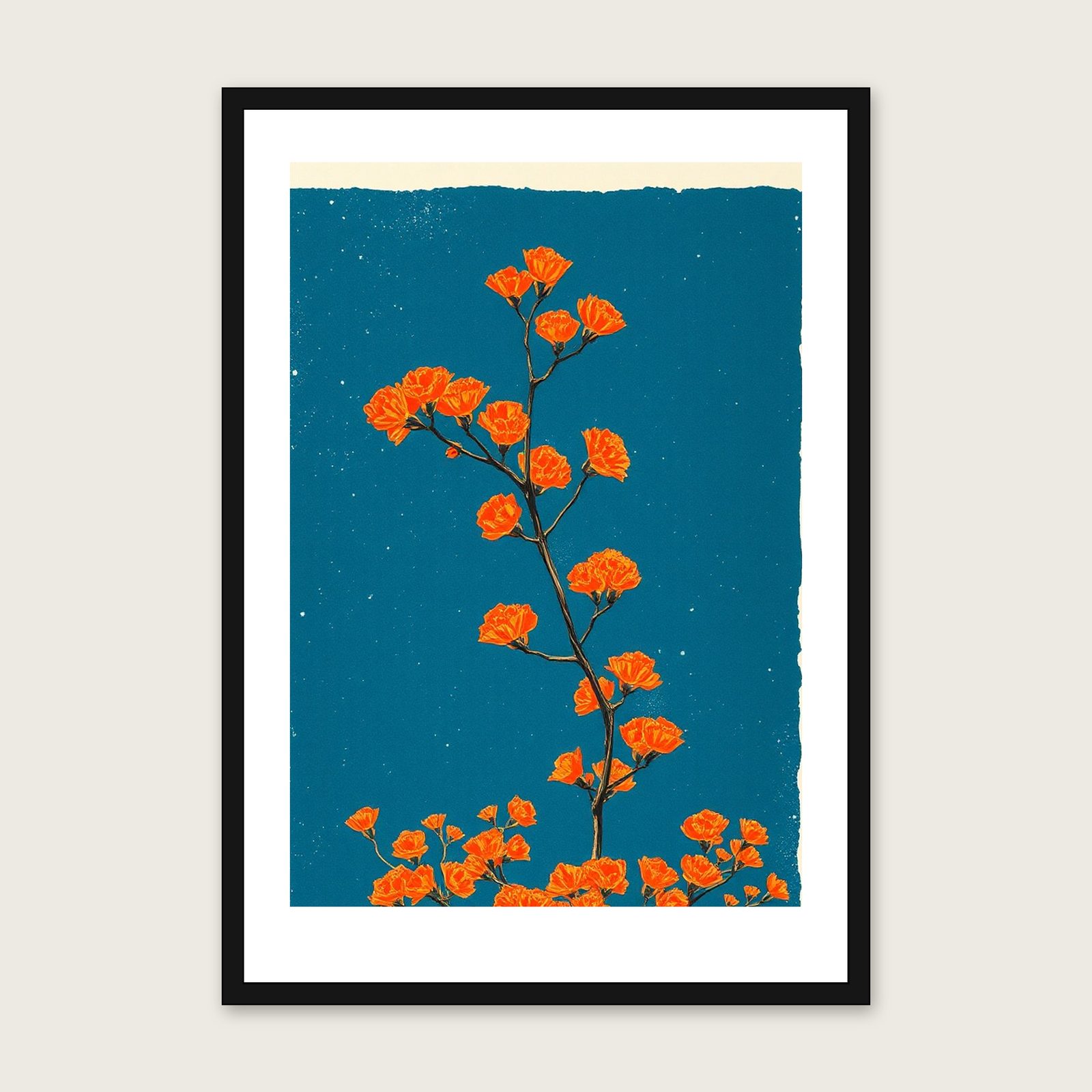 Mimosa Branch Botanical Wall Art - Framed Bold Colour Linocut Print shown in a black frame