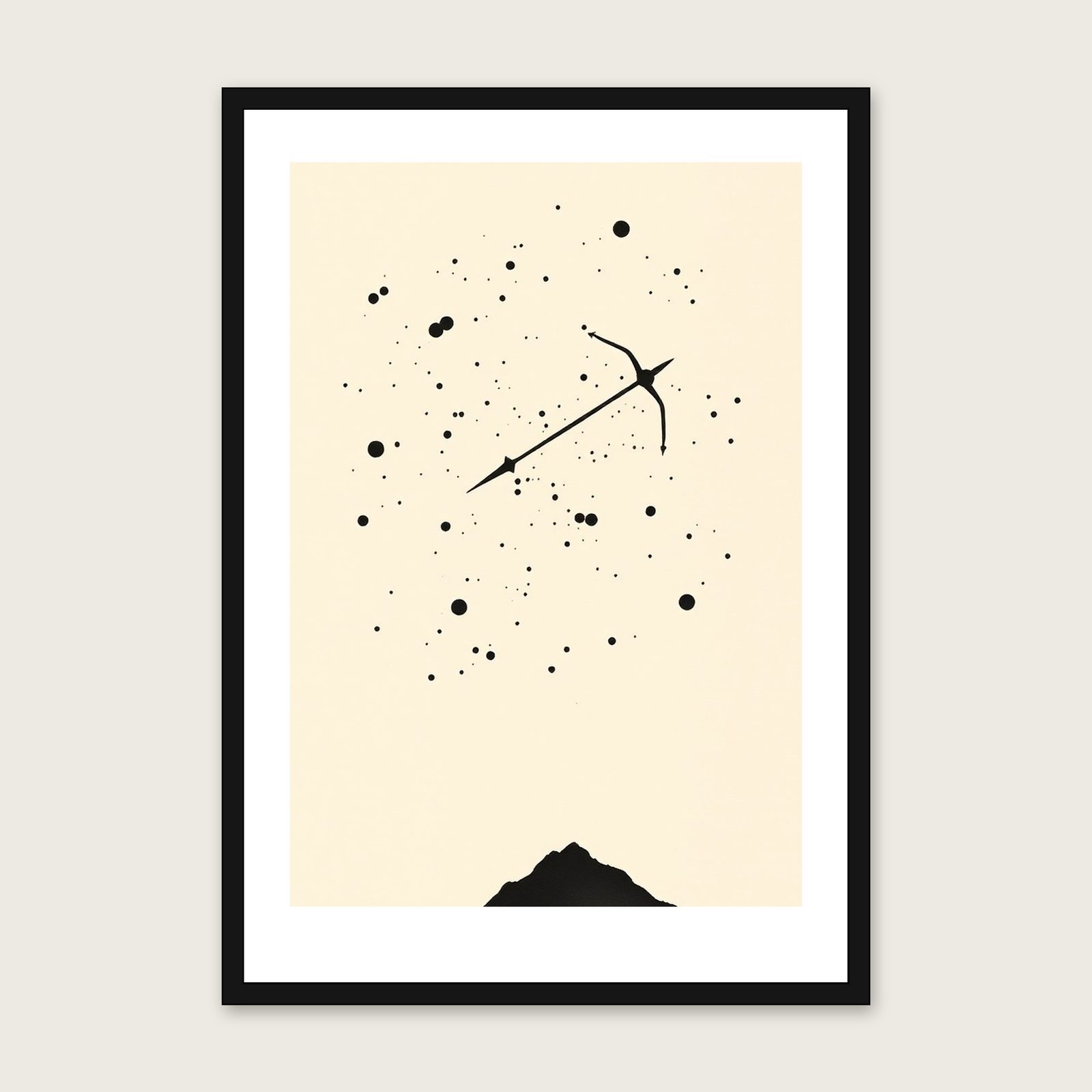 Framed Ink Wash Print of The Constellation Sagittarius - Neutral & Beige Celestial Wall Art shown in a black frame