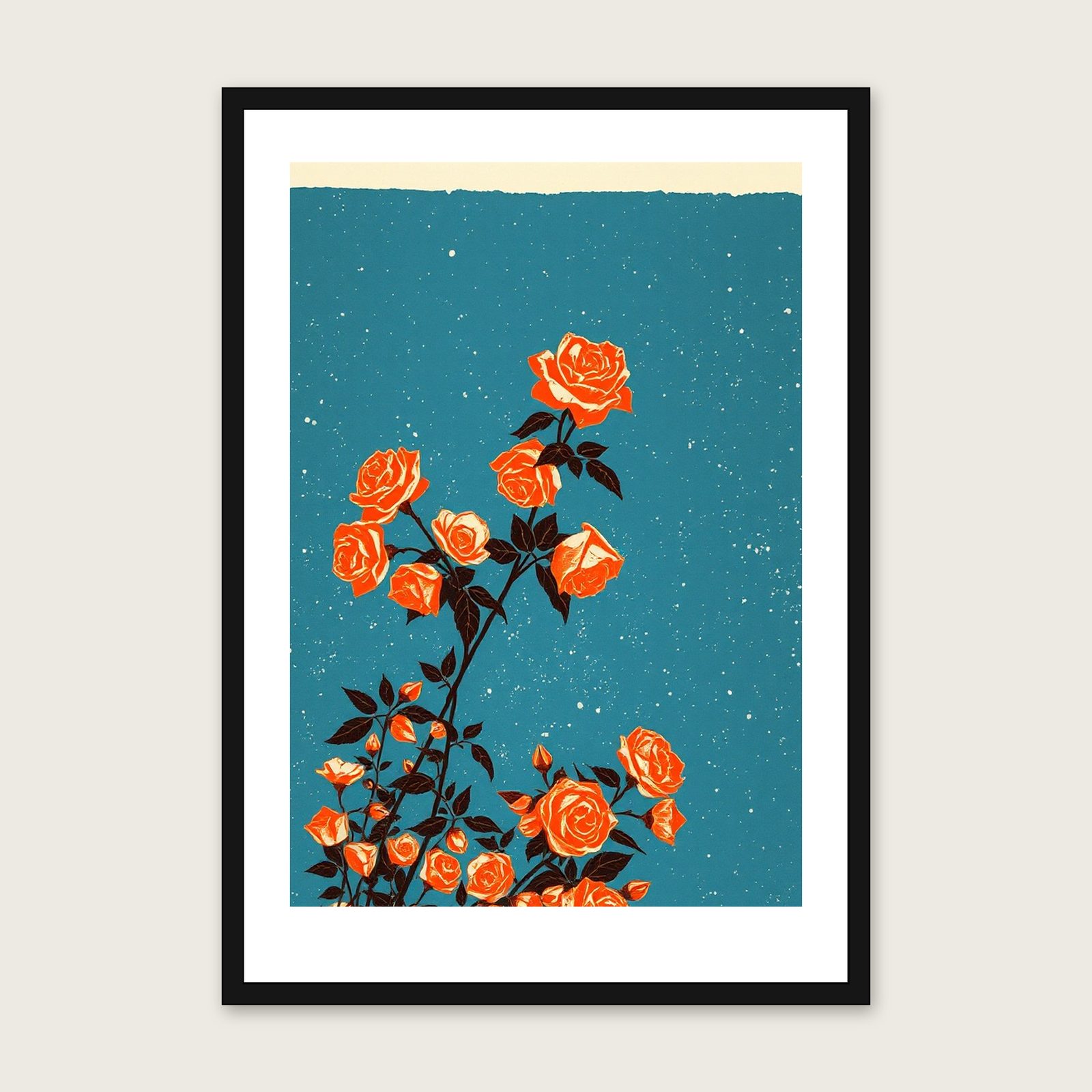 Climbing Rose Botanical Wall Art - Framed Bold Colour Linocut Print shown in a black frame