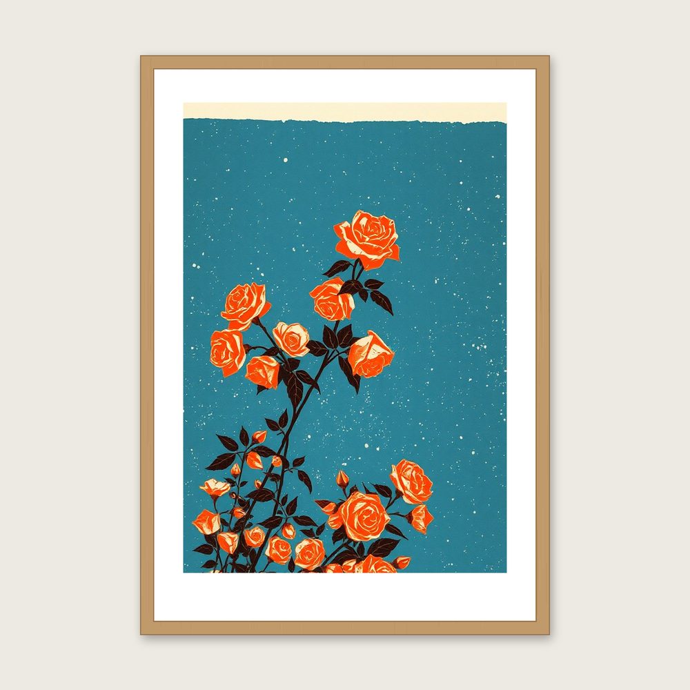 Climbing Rose Botanical Wall Art - Framed Bold Colour Linocut Print in a oak frame