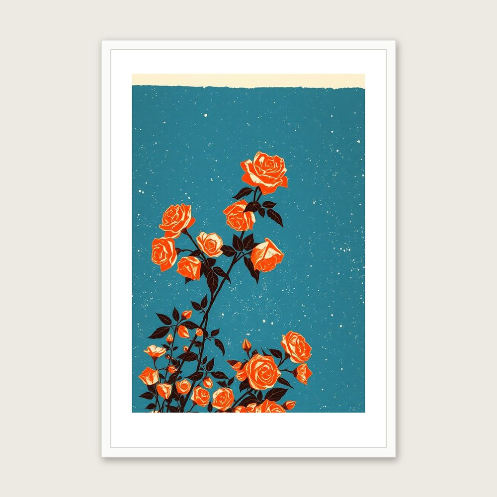 Climbing Rose Botanical Wall Art - Framed Bold Colour Linocut Print in a white frame