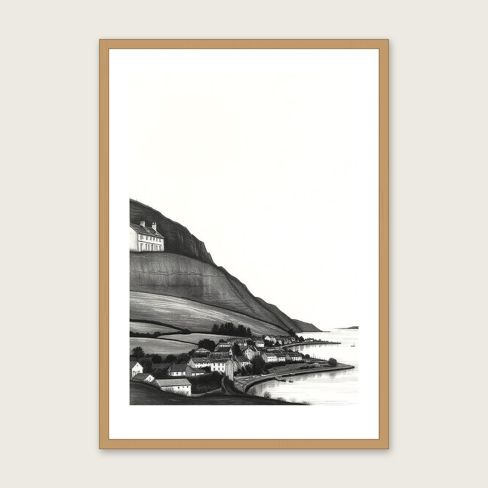 Loch Shiel Charcoal Wall Art - Framed Black & White Print in a oak frame