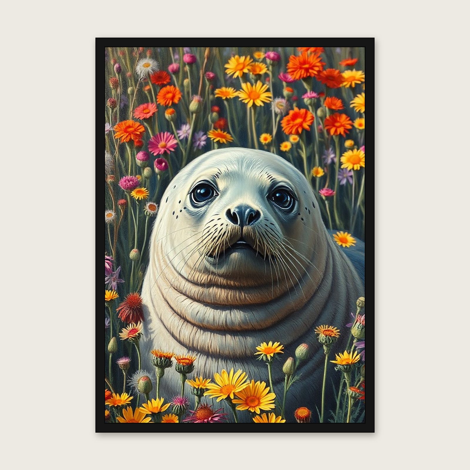 Common Seal Animal Wall Art - Framed Colourful Impasto Print shown in a black frame