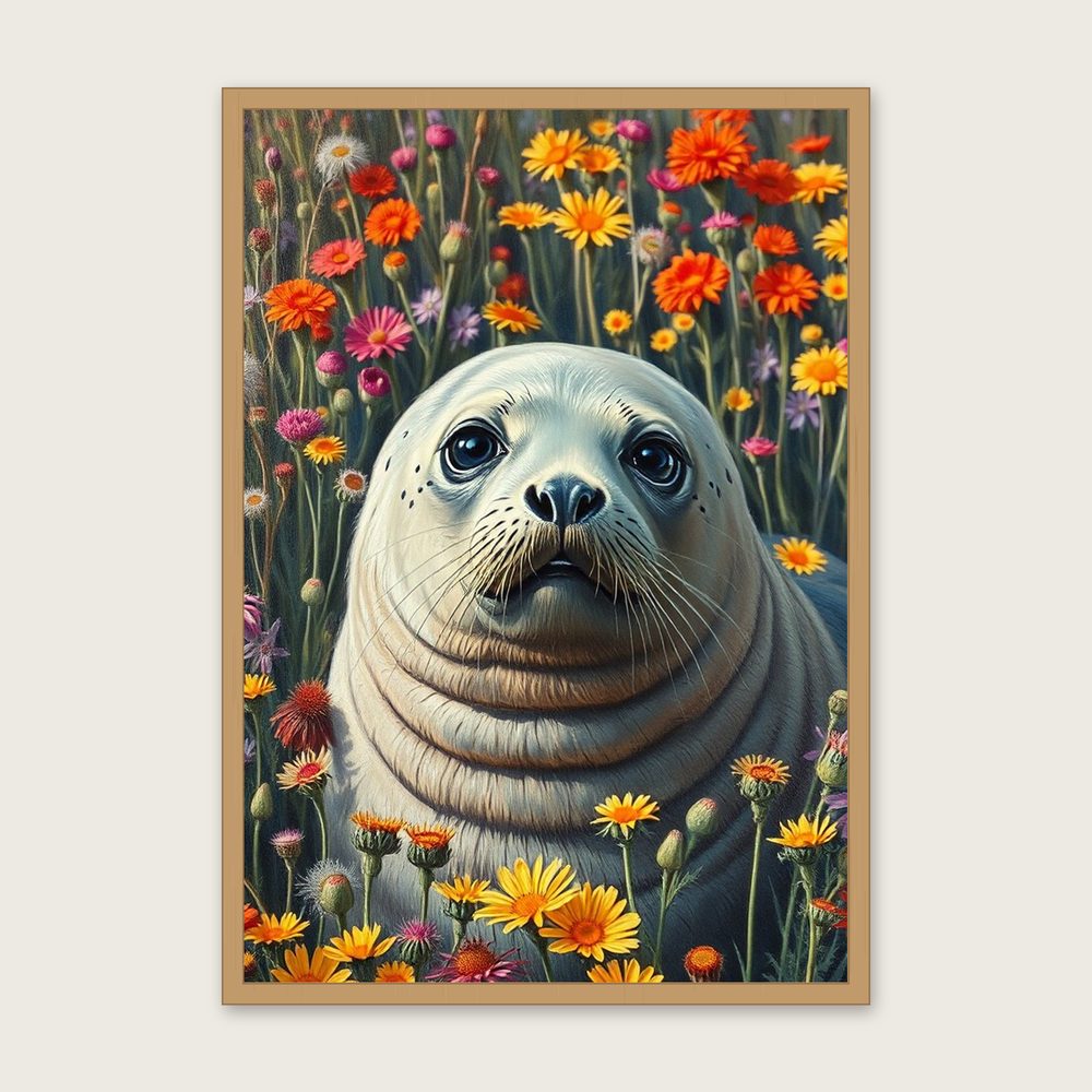 Common Seal Animal Wall Art - Framed Colourful Impasto Print - Oak Frame, A3