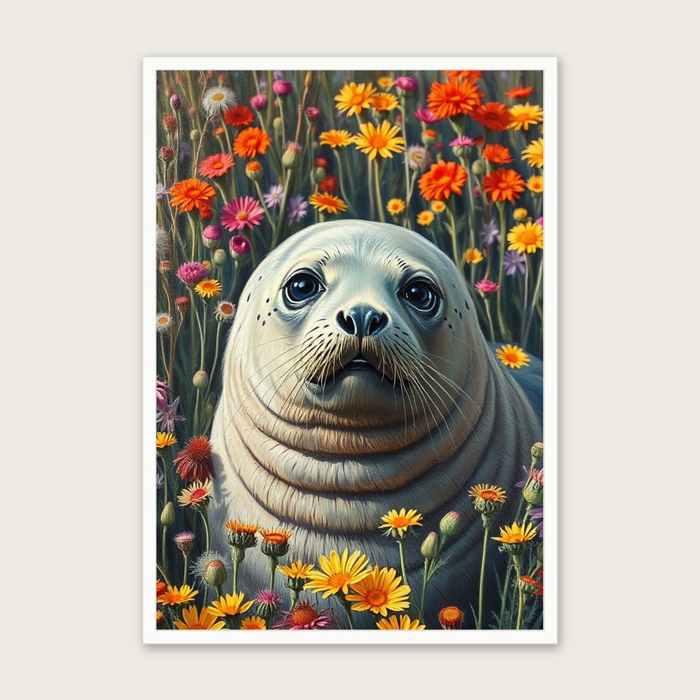 Common Seal Animal Wall Art - Framed Colourful Impasto Print - White Frame, A3