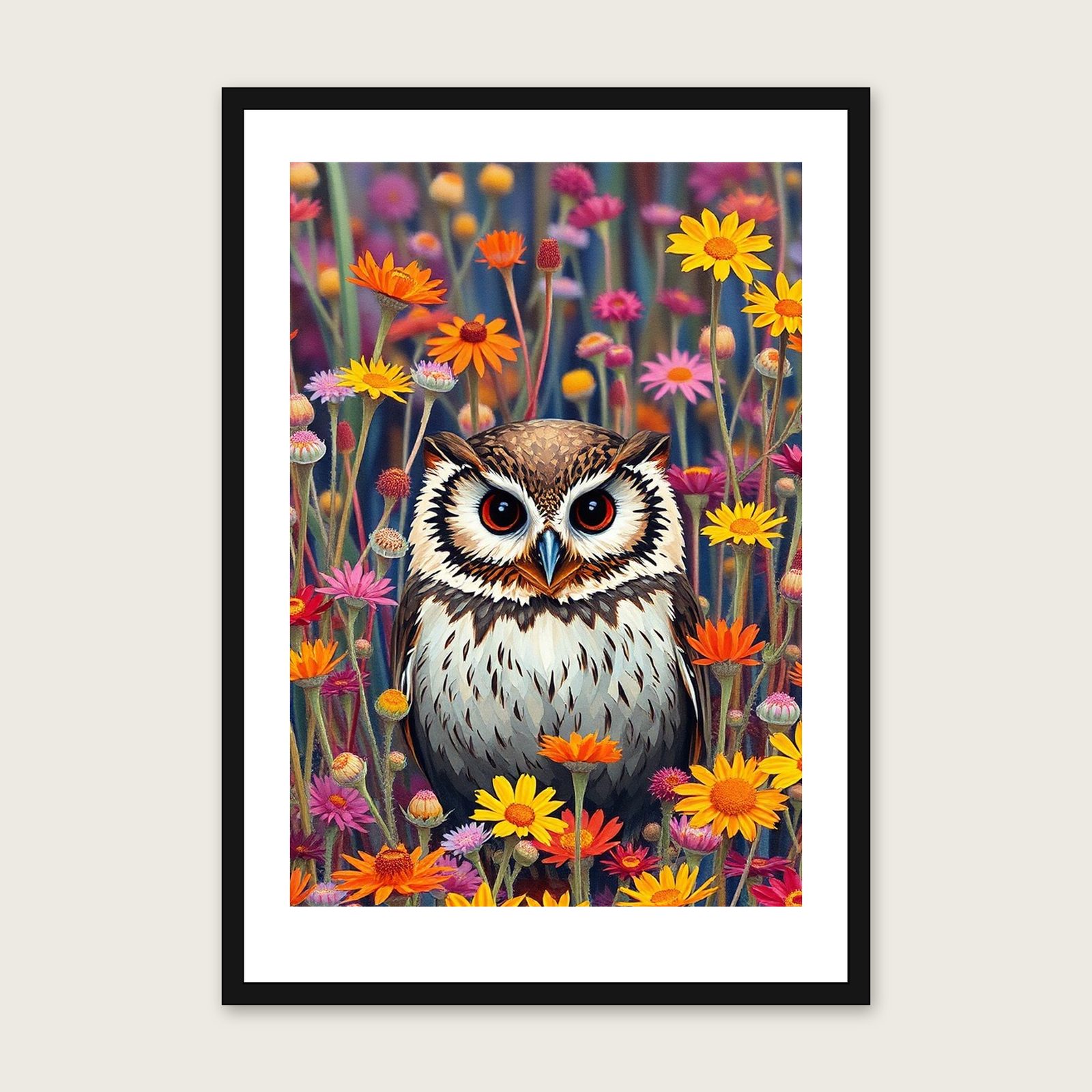 Little Owl - Framed Palette Knife Animal Print in Colourful shown in a black frame