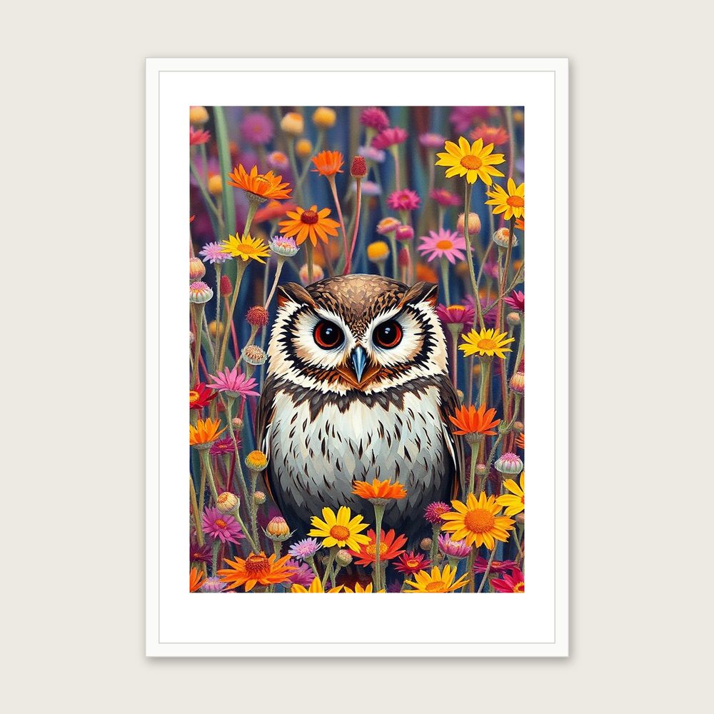 Little Owl - Framed Palette Knife Animal Print in Colourful in a white frame