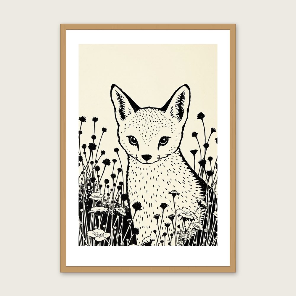 Framed Linocut Print of Shikoku - Two Tone Animal Wall Art in a oak frame