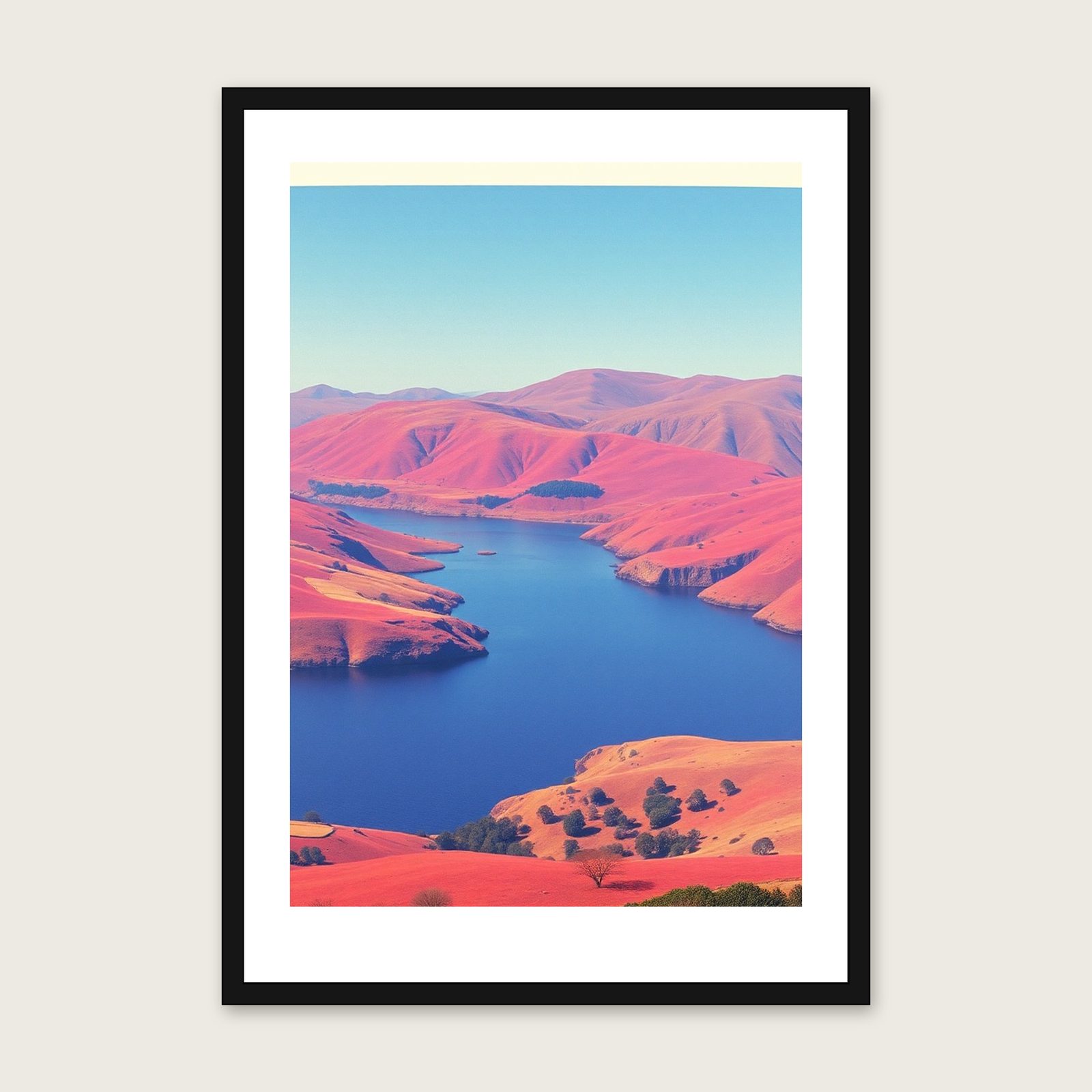 Framed Riso Print of Llyn Padarn - Colourful Landscape Wall Art shown in a black frame