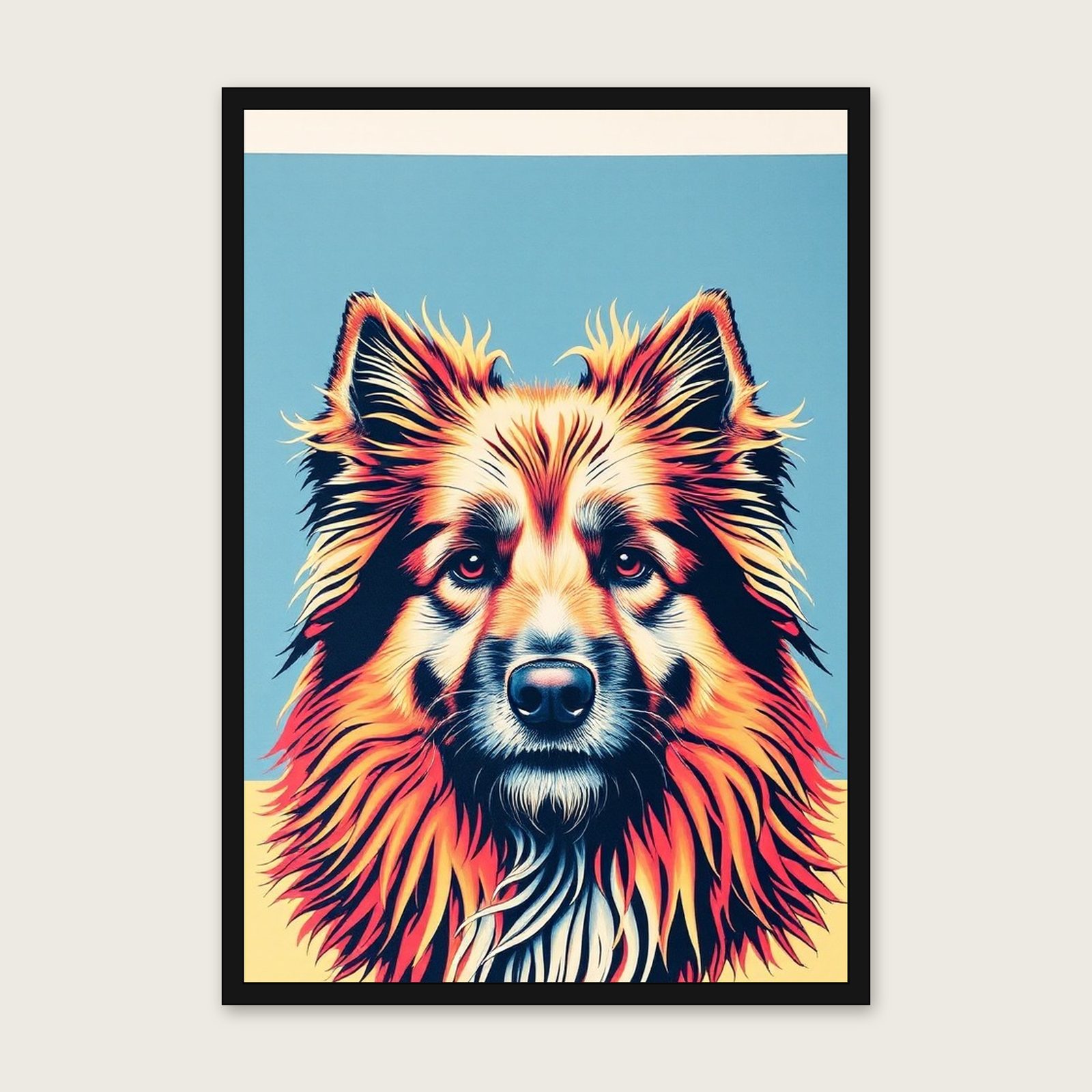 Pyrenean Sheepdog Riso Print - Framed Colourful Animal Wall Art shown in a black frame