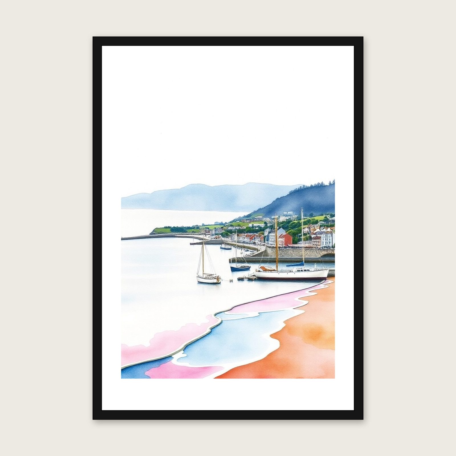 Dartmouth Harbour Watercolour Wall Art - Framed Two Tone Print shown in a black frame