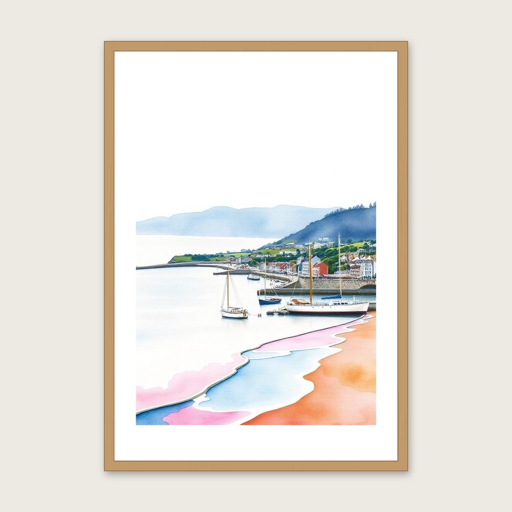 Dartmouth Harbour Watercolour Wall Art - Framed Two Tone Print in a oak frame
