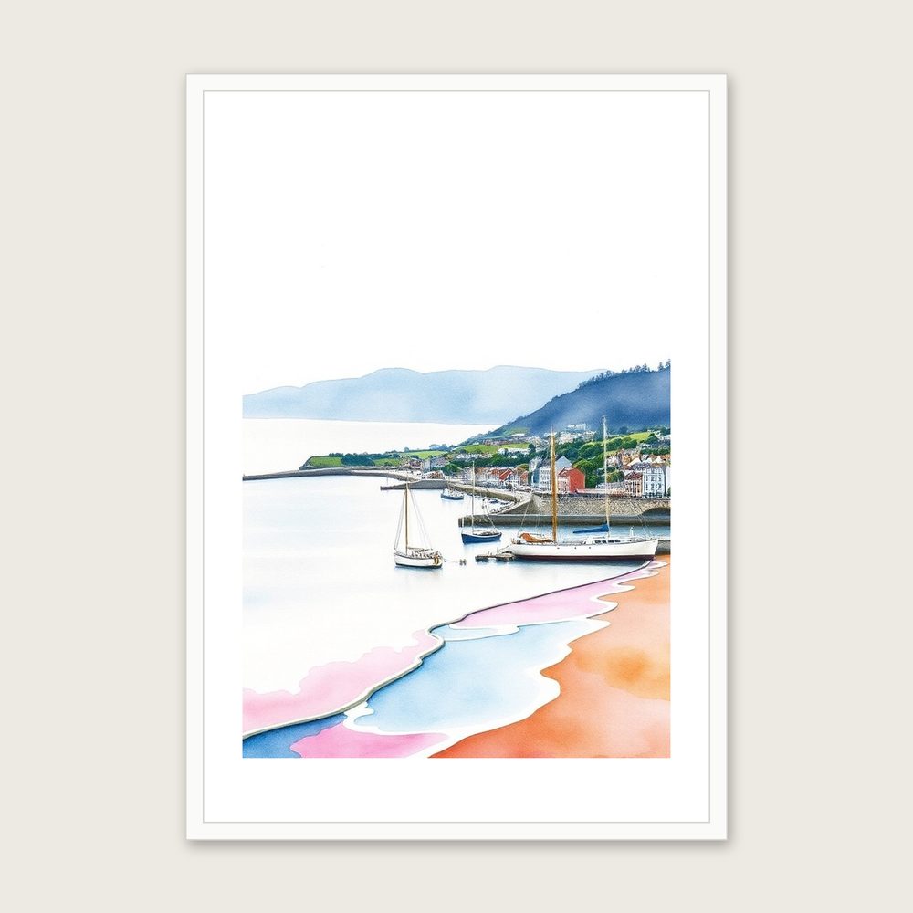 Dartmouth Harbour Watercolour Wall Art - Framed Two Tone Print in a white frame