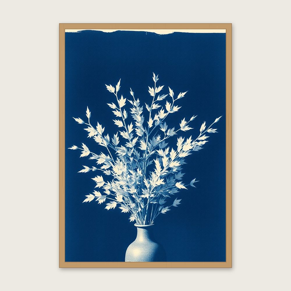 Framed Cyanotype Print of European Larch in Autumn - Two Tone Botanical Wall Art in a oak frame