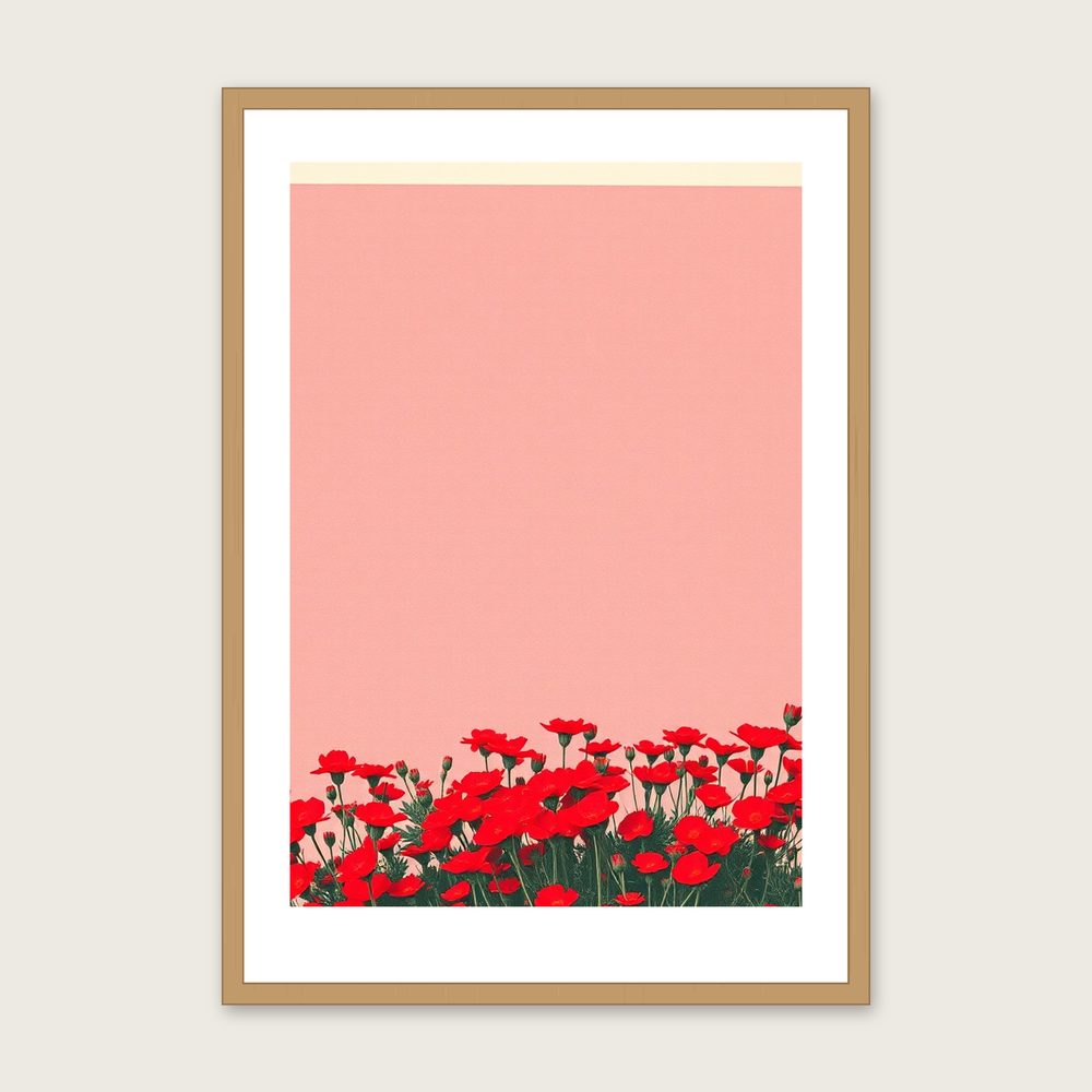 Red Campion Botanical Wall Art - Framed Colourful Riso Print in a oak frame